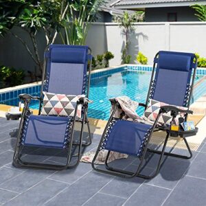 shintenchi patio zero gravity recliner lounge chair, outdoor folding beach chair recliner, adjustable long chair w/ cup holder and headrest, set of 2 for yard garden deck poolside camp, dark blue