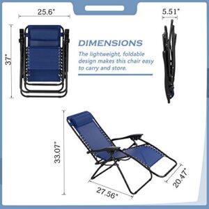 Shintenchi Patio Zero Gravity Recliner Lounge Chair, Outdoor Folding Beach Chair Recliner, Adjustable Long Chair w/ Cup Holder and Headrest, Set of 2 for Yard Garden Deck Poolside Camp, Dark Blue