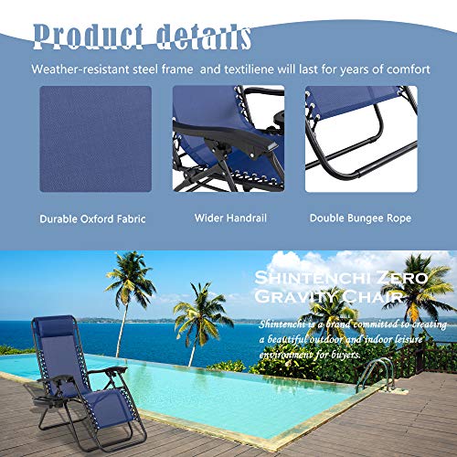 Shintenchi Patio Zero Gravity Recliner Lounge Chair, Outdoor Folding Beach Chair Recliner, Adjustable Long Chair w/ Cup Holder and Headrest, Set of 2 for Yard Garden Deck Poolside Camp, Dark Blue