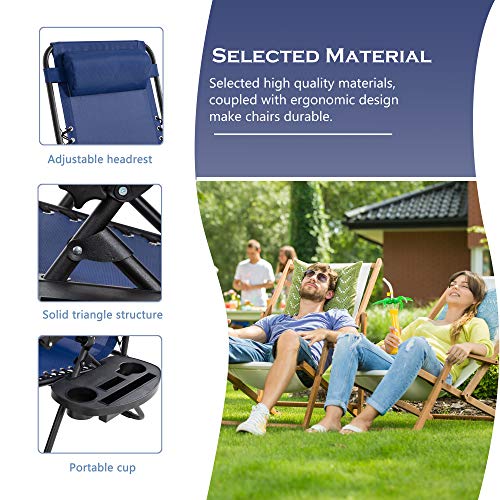 Shintenchi Patio Zero Gravity Recliner Lounge Chair, Outdoor Folding Beach Chair Recliner, Adjustable Long Chair w/ Cup Holder and Headrest, Set of 2 for Yard Garden Deck Poolside Camp, Dark Blue