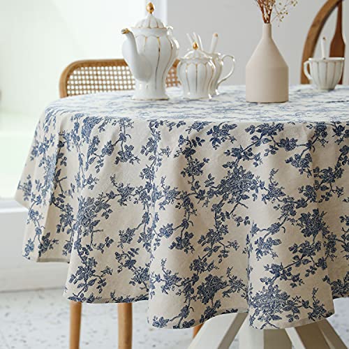 Pastoral Round Tablecloth - 60 Inch Dia. - Linen Fabric Table Cloth - Washable Table Cover with Dust-Proof Wrinkle Resistant for Restaurant, Picnic, Indoor and Outdoor Dining, Floral (Dark Blue)