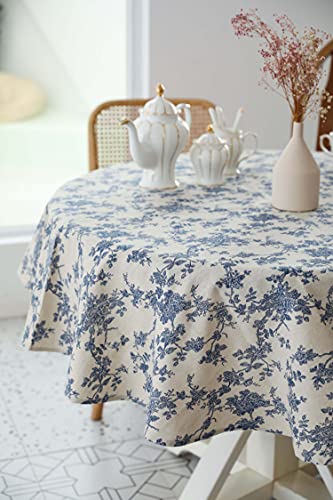 Pastoral Round Tablecloth - 60 Inch Dia. - Linen Fabric Table Cloth - Washable Table Cover with Dust-Proof Wrinkle Resistant for Restaurant, Picnic, Indoor and Outdoor Dining, Floral (Dark Blue)