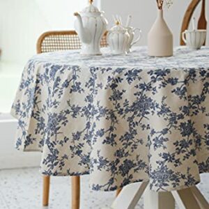 Pastoral Round Tablecloth - 60 Inch Dia. - Linen Fabric Table Cloth - Washable Table Cover with Dust-Proof Wrinkle Resistant for Restaurant, Picnic, Indoor and Outdoor Dining, Floral (Dark Blue)