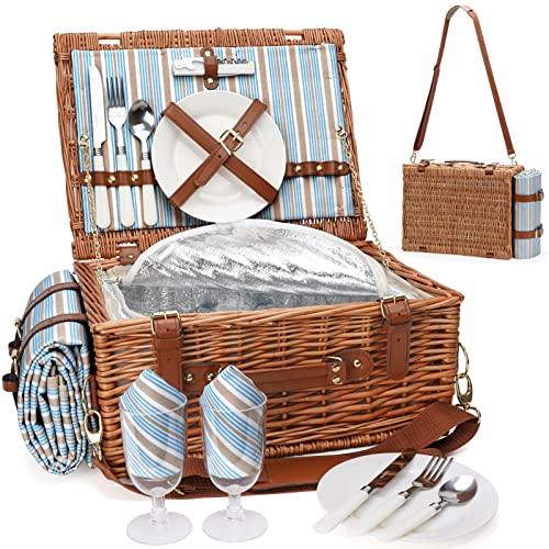 Picnic Cooler Basket Set for 2 Persons with Large Waterproof Picnic Blanket, Cutlery Service Kit and Adjustable Strap