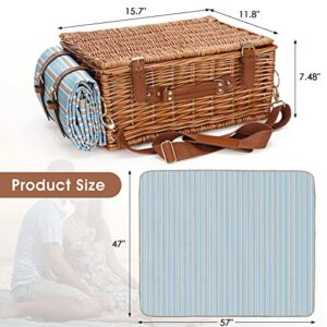 Picnic Cooler Basket Set for 2 Persons with Large Waterproof Picnic Blanket, Cutlery Service Kit and Adjustable Strap