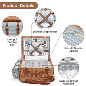 Picnic Cooler Basket Set for 2 Persons with Large Waterproof Picnic Blanket, Cutlery Service Kit and Adjustable Strap