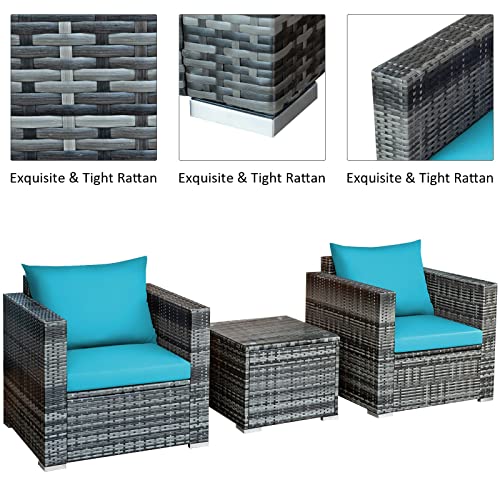 SMLJLQ 3 PC Patio Rattan Furniture Bistro Set Cushioned Sofa Chair Turquoise Single Sofa Coffee Table