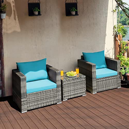 SMLJLQ 3 PC Patio Rattan Furniture Bistro Set Cushioned Sofa Chair Turquoise Single Sofa Coffee Table