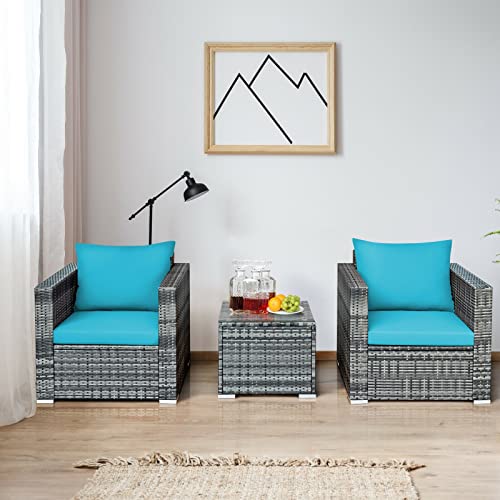 SMLJLQ 3 PC Patio Rattan Furniture Bistro Set Cushioned Sofa Chair Turquoise Single Sofa Coffee Table