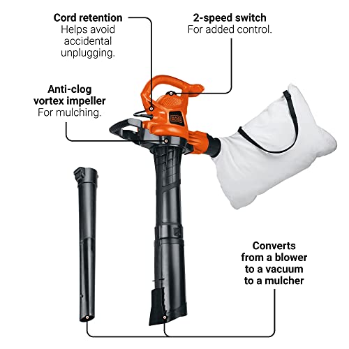 BLACK+DECKER 3-in-1 Leaf Blower, Leaf Vacuum and Mulcher, Up to 230 MPH, 12 Amp, Corded Electric (BV3600)