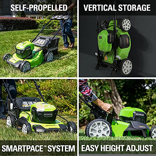 Greenworks 40V 21" Brushless (Smart Pace) Self-Propelled Lawn Mower, 2 x 4Ah USB (Power Bank) Batteries and Charger Included MO40L4413