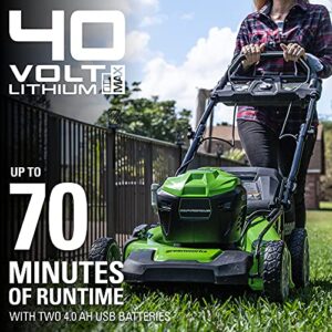 Greenworks 40V 21" Brushless (Smart Pace) Self-Propelled Lawn Mower, 2 x 4Ah USB (Power Bank) Batteries and Charger Included MO40L4413