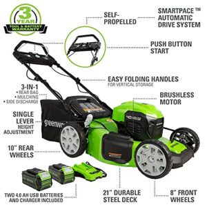 Greenworks 40V 21" Brushless (Smart Pace) Self-Propelled Lawn Mower, 2 x 4Ah USB (Power Bank) Batteries and Charger Included MO40L4413