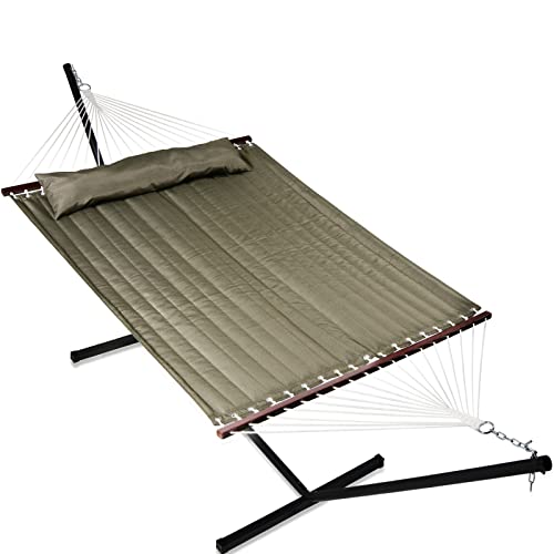 SUNNY GUARD 12.8 FT Hammock with Stand 2 Person Heavy Duty，Quilted Fabric Wood Spreader Bars,Stands & Accessories，for Indoor/Outdoor Patio Dark Green(450 lb Capacity…