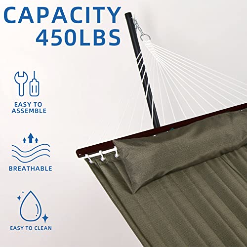 SUNNY GUARD 12.8 FT Hammock with Stand 2 Person Heavy Duty，Quilted Fabric Wood Spreader Bars,Stands & Accessories，for Indoor/Outdoor Patio Dark Green(450 lb Capacity…