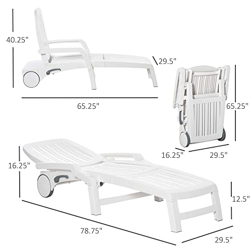 Outsunny Folding Chaise Lounge Chair on Wheels with Storage Box, Lightweight Plastic Sun Recliner with 5 Position Backrest for Beach & Pool, White