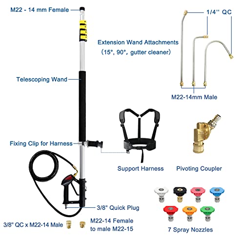 janz 24 FT Telescoping Pressure Washer Wand with 2 Pressure Washer Extension Wands,Gutter Cleaner Attachment, 7 Spray Nozzle Tips, 2 Hose Inlet Adapters, Pivoting Coupler and Support Harness