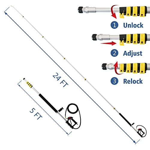 janz 24 FT Telescoping Pressure Washer Wand with 2 Pressure Washer Extension Wands,Gutter Cleaner Attachment, 7 Spray Nozzle Tips, 2 Hose Inlet Adapters, Pivoting Coupler and Support Harness