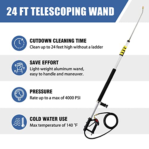 janz 24 FT Telescoping Pressure Washer Wand with 2 Pressure Washer Extension Wands,Gutter Cleaner Attachment, 7 Spray Nozzle Tips, 2 Hose Inlet Adapters, Pivoting Coupler and Support Harness