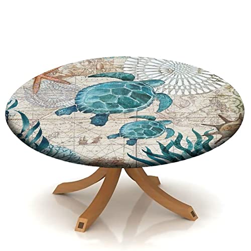 igoga sports Blue Green Ocean Animal Elastic Edge Table Cover Round, Turtle Fitted Tablecloth,Outdoor Picnic Patio Party or Indoor Canteen Dinner Dining Tables Decoration, Fits 28 to 32 inch Diameter