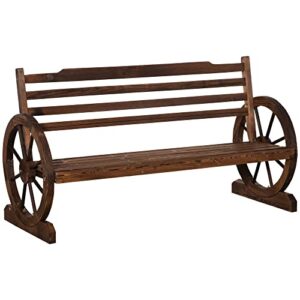 outsunny wooden wagon wheel bench, 3-person rustic slatted seat, outdoor patio furniture, brown