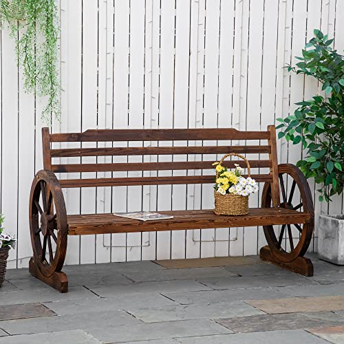 Outsunny Wooden Wagon Wheel Bench, 3-Person Rustic Slatted Seat, Outdoor Patio Furniture, Brown