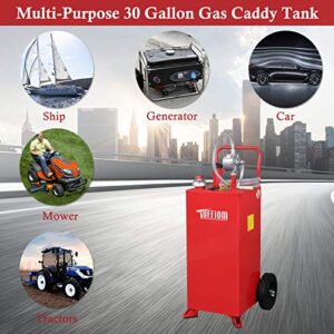 TUFFIOM 30 Gallon Gas Caddy With Wheels, Fuel Transfer Tank Gasoline Diesel Can Reversible Rotary Hand Siphon Pump, Fuel Storage Tank For Automobiles ATV Car Mowers Tractors Boat Motorcycle(Red)