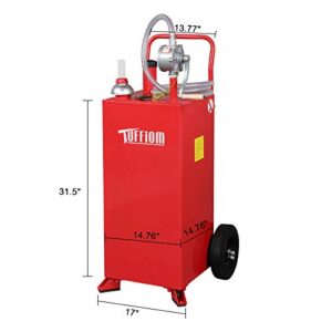 TUFFIOM 30 Gallon Gas Caddy With Wheels, Fuel Transfer Tank Gasoline Diesel Can Reversible Rotary Hand Siphon Pump, Fuel Storage Tank For Automobiles ATV Car Mowers Tractors Boat Motorcycle(Red)