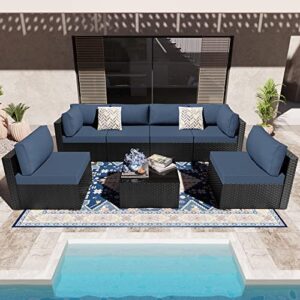 walsunny 7 pieces patio outdoor furniture sets,low back all-weather rattan sectional sofa with tea table&washable couch cushions (aegean blue)