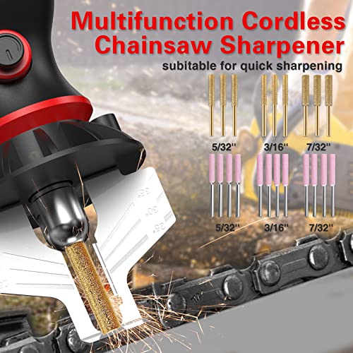 PRETEC Chainsaw Sharpener Cordless, Electric Handheld Chainsaw Sharpening Kit,High Speed Chainsaw Chain Sharpener Electric Tool with 54pcs Sharpening Wheels, Angle Attachment