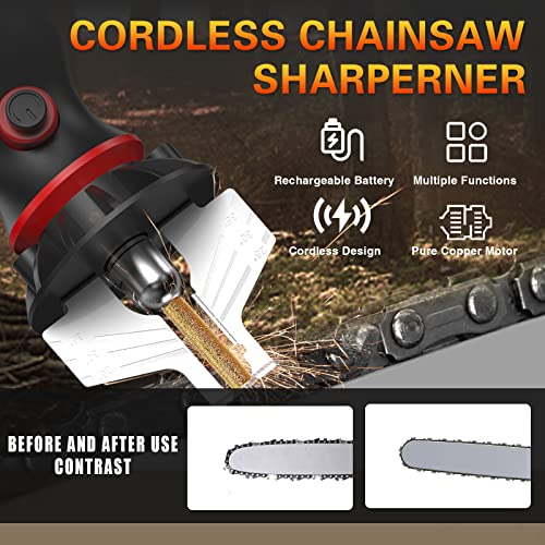 PRETEC Chainsaw Sharpener Cordless, Electric Handheld Chainsaw Sharpening Kit,High Speed Chainsaw Chain Sharpener Electric Tool with 54pcs Sharpening Wheels, Angle Attachment