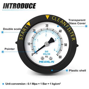 MEANLIN MEASURE 0~60Psi Plastic Frame 1/4" NPT Start and Clean Filter Pressure Gauge，Suitable for Swimming Pool, spa, Aquarium，Center Back Mount