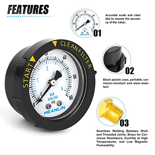 MEANLIN MEASURE 0~60Psi Plastic Frame 1/4" NPT Start and Clean Filter Pressure Gauge，Suitable for Swimming Pool, spa, Aquarium，Center Back Mount