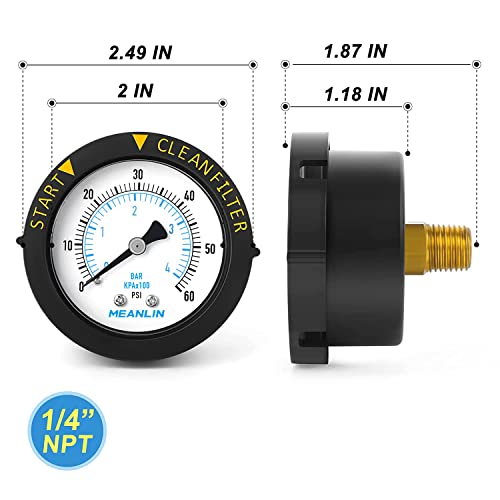 MEANLIN MEASURE 0~60Psi Plastic Frame 1/4" NPT Start and Clean Filter Pressure Gauge，Suitable for Swimming Pool, spa, Aquarium，Center Back Mount