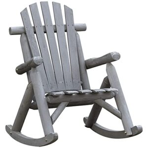 outsunny outdoor wooden rocking chair, rustic adirondack rocker with slatted seat, high backrest, armrests for patio, garden, and porch, small, gray