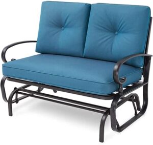 omelaza patio bench, porch glider outdoor swing glider rocking loveseat, steel frame chair with thick cushion (peacock blue)