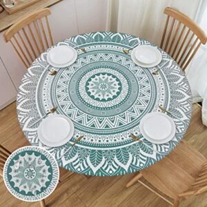 will budxeg teal grey boho modern mandala turquoise round fitted table cover elastic edge circle tablecloth for outdoor dining party holiday fits table up 45″-50″ diameter