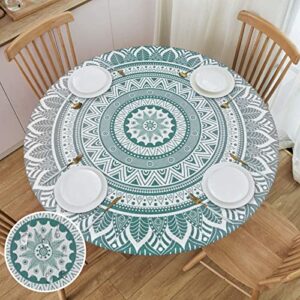 WILL BUDXEG Teal Grey Boho Modern Mandala Turquoise Round Fitted Table Cover Elastic Edge Circle Tablecloth for Outdoor Dining Party Holiday Fits Table up 45"-50" Diameter