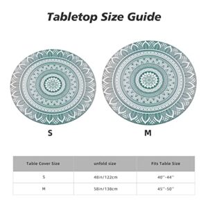 WILL BUDXEG Teal Grey Boho Modern Mandala Turquoise Round Fitted Table Cover Elastic Edge Circle Tablecloth for Outdoor Dining Party Holiday Fits Table up 45"-50" Diameter