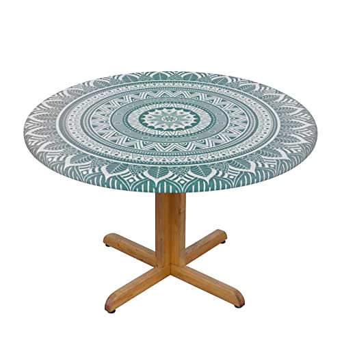 WILL BUDXEG Teal Grey Boho Modern Mandala Turquoise Round Fitted Table Cover Elastic Edge Circle Tablecloth for Outdoor Dining Party Holiday Fits Table up 45"-50" Diameter