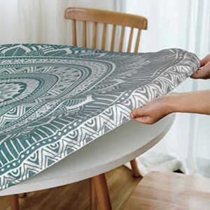 WILL BUDXEG Teal Grey Boho Modern Mandala Turquoise Round Fitted Table Cover Elastic Edge Circle Tablecloth for Outdoor Dining Party Holiday Fits Table up 45"-50" Diameter