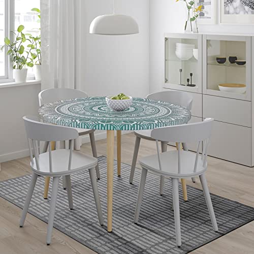 WILL BUDXEG Teal Grey Boho Modern Mandala Turquoise Round Fitted Table Cover Elastic Edge Circle Tablecloth for Outdoor Dining Party Holiday Fits Table up 45"-50" Diameter