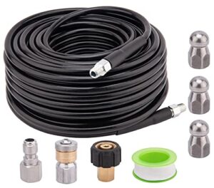sewer jetter kit for pressure washer 100 ft, 1/4 inch npt drain cleaning hose, orifice 5.5, 4.5, 4.0 button rotating and button hose sewer jetting nozzle (4000 psi)