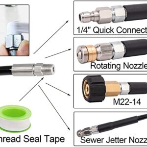 Sewer Jetter Kit for Pressure Washer 100 Ft, 1/4 Inch NPT Drain Cleaning Hose, Orifice 5.5, 4.5, 4.0 Button Rotating and Button Hose Sewer Jetting Nozzle (4000 PSI)