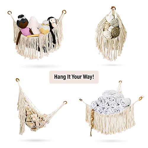 Macrame Stuffed Animal Net or Hammock – Toy Hammock for Stuffed Animals w/ Hooks - Stuffed Animal Hammock Holds Plushies, Yarn Skeins, Towels & More – Stuff Animal Hammock - Boho Nursery Decor