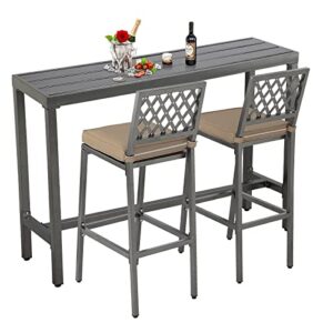 ONLYCTR Outdoor Bar Chairs and Table, Metal Outdoor Bar Set, 3 Piece Patio Bar Table Set with Bar Stools & Cushions for Backyard, Porch, Bistro, Balcony (Gray, 55" Table, 2 X-Back stools)