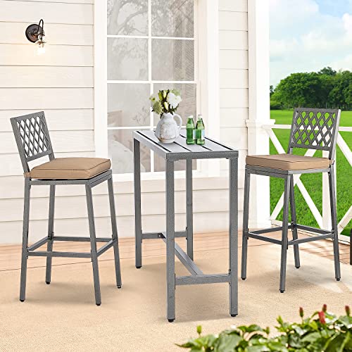 ONLYCTR Outdoor Bar Chairs and Table, Metal Outdoor Bar Set, 3 Piece Patio Bar Table Set with Bar Stools & Cushions for Backyard, Porch, Bistro, Balcony (Gray, 55" Table, 2 X-Back stools)