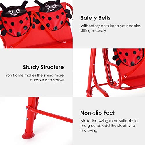 Casart Children's Swing, Patio Swing with Safety Belt and 2 Seats, Ladybug Pattern