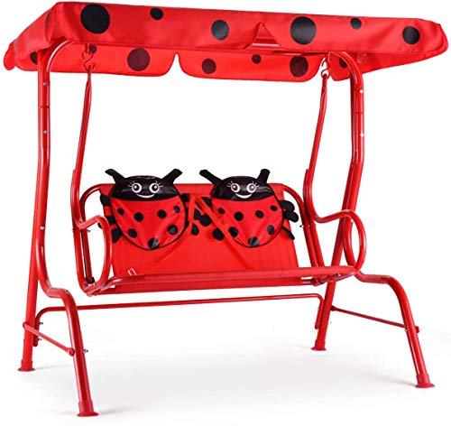 Casart Children's Swing, Patio Swing with Safety Belt and 2 Seats, Ladybug Pattern