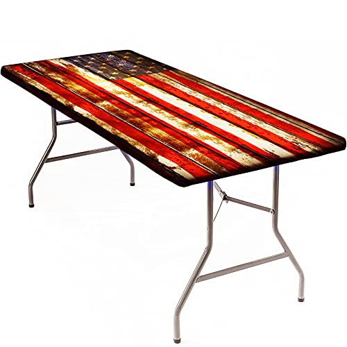 Elastic Fitted Tablecloth, American Flag Symbolism Over Old Rusty Tones Weathered Vintage Social Plank Rectangle Table Cover, Waterproof Table Cloth for Outdoor Picnic Camping Parties, 30x72 Inch